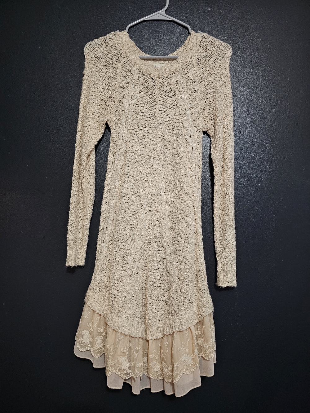 Altar'd State Cream Knit Cable Sweater Dress with Lace Hem